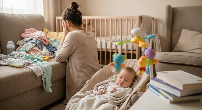 Wyczerpana matka z twarzą w dłoniach obok śpiącego w leżaczku niemowlęcia i sterty ubranek.