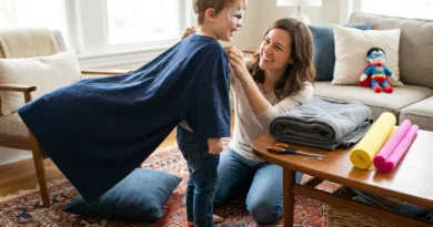 Kobieta zakłada chłopcu pelerynę z niebieskiego T-shirta. Na stoliku obok leżą złożony koc, rolki bibuły i nożyczki.