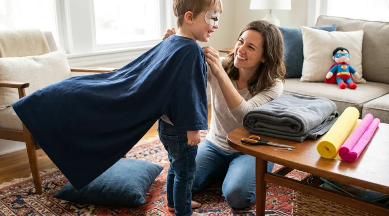 Kobieta zakłada chłopcu pelerynę z niebieskiego T-shirta. Na stoliku obok leżą złożony koc, rolki bibuły i nożyczki.