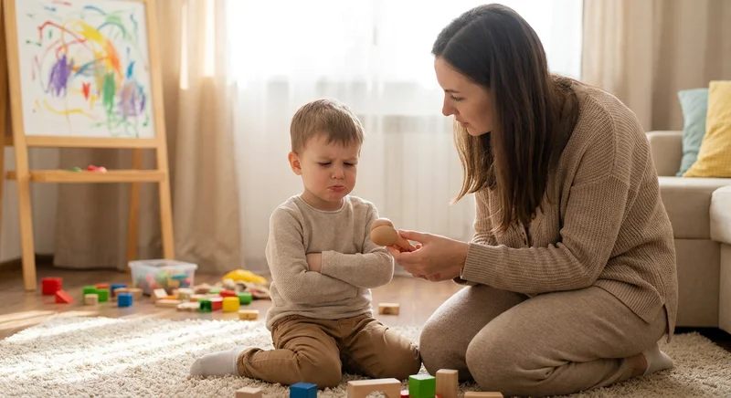 Mama rozmawia z zezłoszczonym chłopcem siedzącym na dywanie ze skrzyżowanymi rękami.