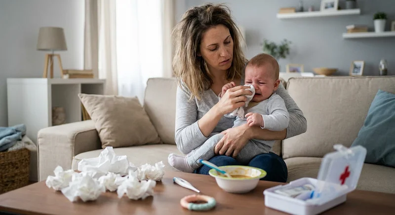 Zmęczona mama wyciera nos płaczącemu niemowlęciu. Na stoliku leżą chusteczki, termometr, gryzak i miska z jedzeniem.