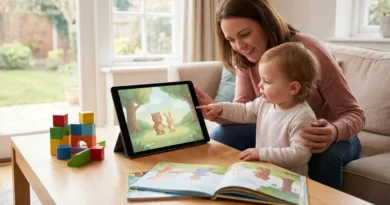 Uśmiechnięta mama i dwulatek wspólnie oglądają na tablecie spokojną, prostą bajkę o zwierzątkach.