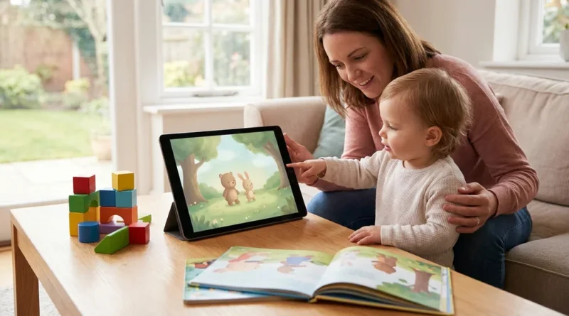 Uśmiechnięta mama i dwulatek wspólnie oglądają na tablecie spokojną, prostą bajkę o zwierzątkach.