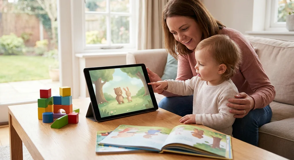 Uśmiechnięta mama i dwulatek wspólnie oglądają na tablecie spokojną, prostą bajkę o zwierzątkach.