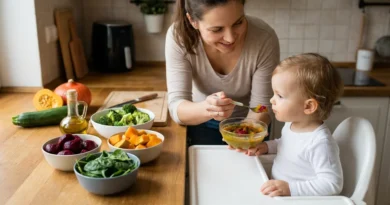 Mama karmi dziecko warzywnym purée obok misek z brokułami, dynią, burakami, szpinakiem i oliwy z oliwek.