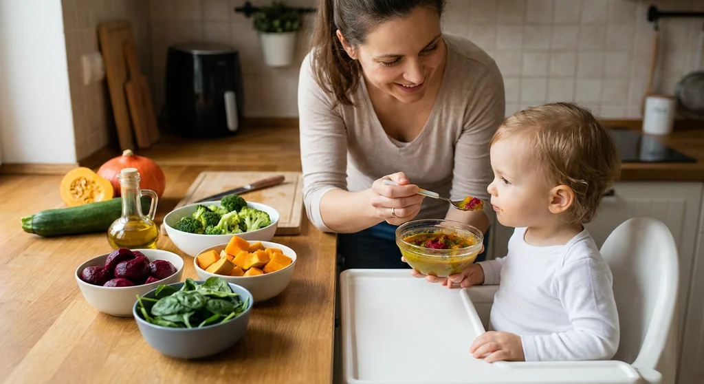 Mama karmi dziecko warzywnym purée obok misek z brokułami, dynią, burakami, szpinakiem i oliwy z oliwek.
