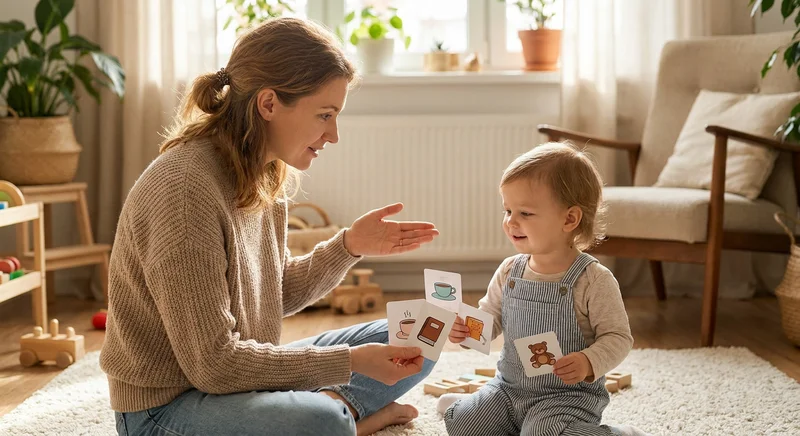 Matka i dziecko siedzą na dywanie, wspólnie ucząc się komunikacji za pomocą kart obrazkowych.