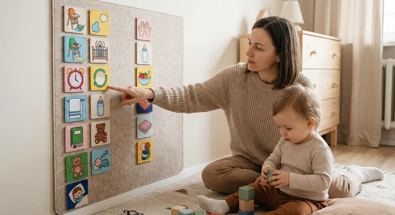 Kobieta wskazuje dziecku na tablicy piktogramy symbolizujące etapy codziennej rutyny.