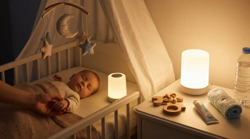 Śpiące niemowlę w łóżeczku; na szafce obok leży żel na ząbkowanie, drewniane gryzaki, lampka i ręcznik.