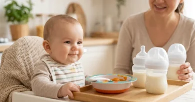 Uśmiechnięte niemowlę przy tacy z miseczką przecieru i butelkami mleka, obok mamy.