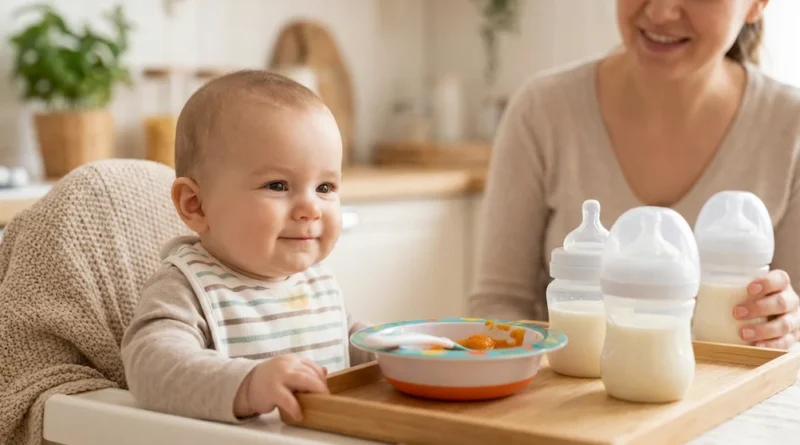 Uśmiechnięte niemowlę przy tacy z miseczką przecieru i butelkami mleka, obok mamy.