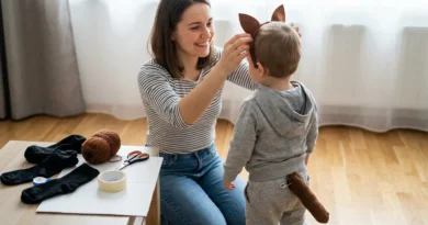 Mama zakłada dziecku opaskę z uszami zwierzątka, do jego szarych dresów przypięty jest agrafką brązowy ogon.