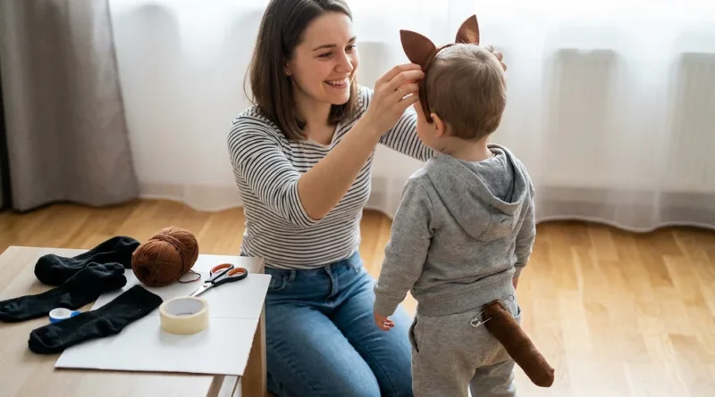 Mama zakłada dziecku opaskę z uszami zwierzątka, do jego szarych dresów przypięty jest agrafką brązowy ogon.