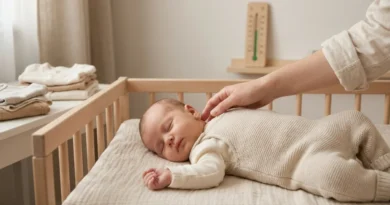 Dłoń sprawdza temperaturę na karku śpiącego noworodka ubranego w dwie warstwy. W tle termometr pokojowy.