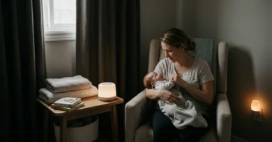 Kobieta trzyma niemowlę w ramionach w przyciemnionym pokoju przy łagodnym świetle lampki nocnej.