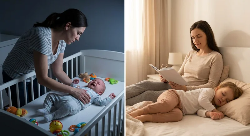 Porównanie: z lewej płaczące niemowlę i zmartwiona mama, z prawej spokojnie śpiące dziecko obok czytającej mamy.