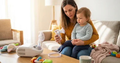 Mama z dzieckiem na kolanach trzyma inhalator siateczkowy; na stoliku obok stoi inhalator kompresorowy.