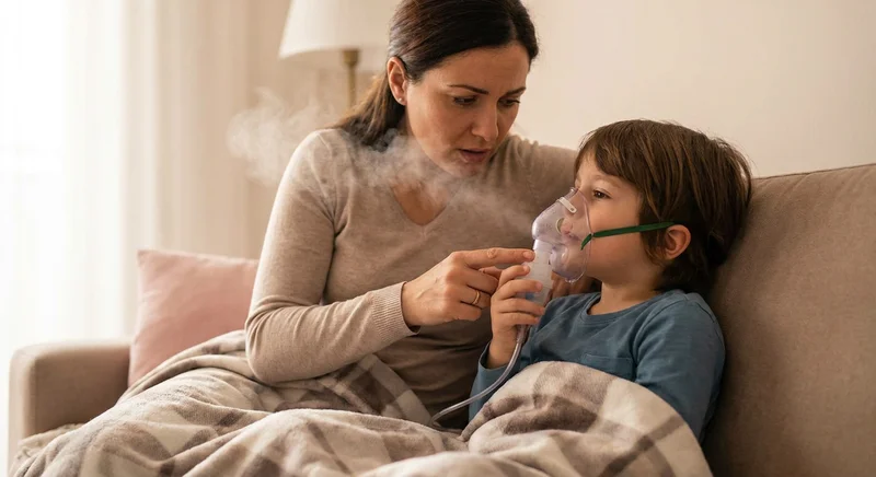 Kobieta i dziecko podczas inhalacji, z której przez nieszczelność obficie ulatnia się gęsta para leku.