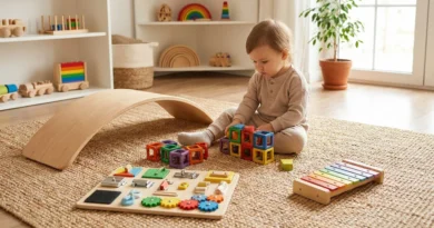 Dwuletnie dziecko bawi się na dywanie deską balansującą, tablicą manipulacyjną, klockami i cymbałkami.
