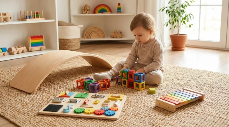 Dwuletnie dziecko bawi się na dywanie deską balansującą, tablicą manipulacyjną, klockami i cymbałkami.