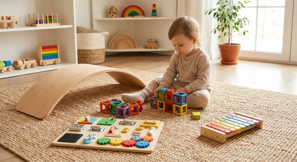 Dwuletnie dziecko bawi się na dywanie deską balansującą, tablicą manipulacyjną, klockami i cymbałkami.