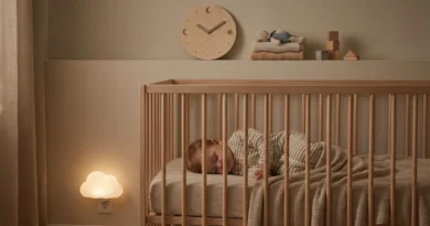 Małe dziecko śpiące spokojnie w drewnianym łóżeczku przy ciepłym świetle nocnej lampki w kształcie chmurki.