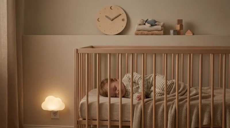 Małe dziecko śpiące spokojnie w drewnianym łóżeczku przy ciepłym świetle nocnej lampki w kształcie chmurki.