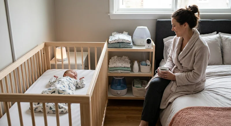 Śpiące w łóżeczku niemowlę i mama obok regału z akcesoriami dziecięcymi, np. nawilżaczem powietrza i nianią.