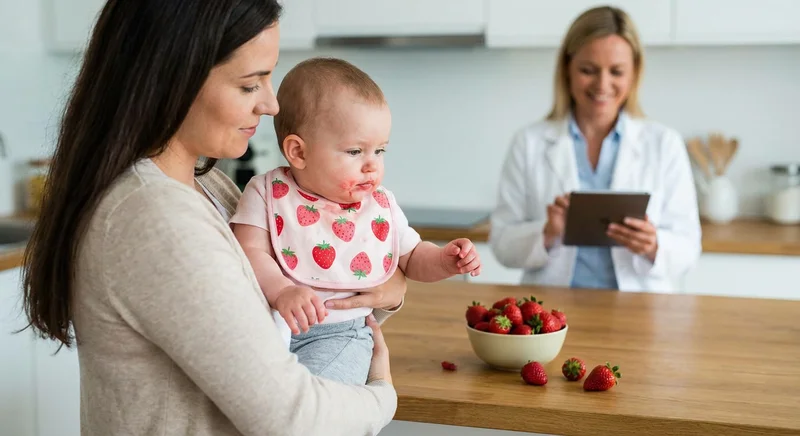 Mama trzyma niemowlę z czerwonym odczynem wokół ust, w tle uśmiechnięta lekarka i miska truskawek.